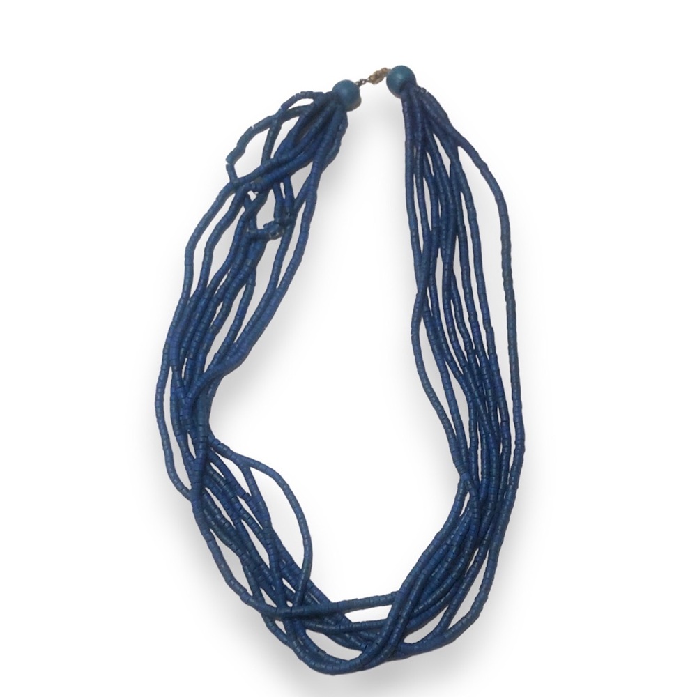 Vintage blue wood bead strand necklace